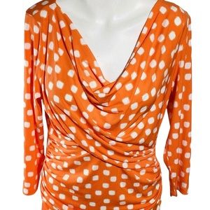 Vince Camuto Women's Faux Wrap Blouse 3/4 Sleeve Orange White Polka